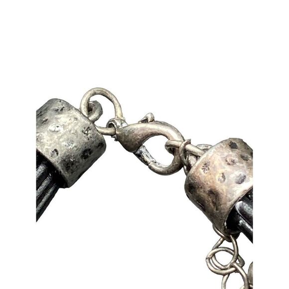 Black multi strand necklace with treated cord silver tone filigree rhinestone pe - Picture 3 of 8